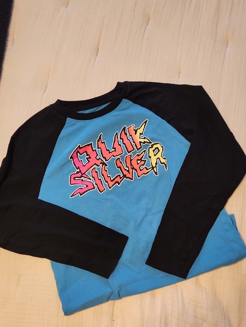 Quiksilver Blue & Black Raglan Long Sleeve Tee with Neon Logo